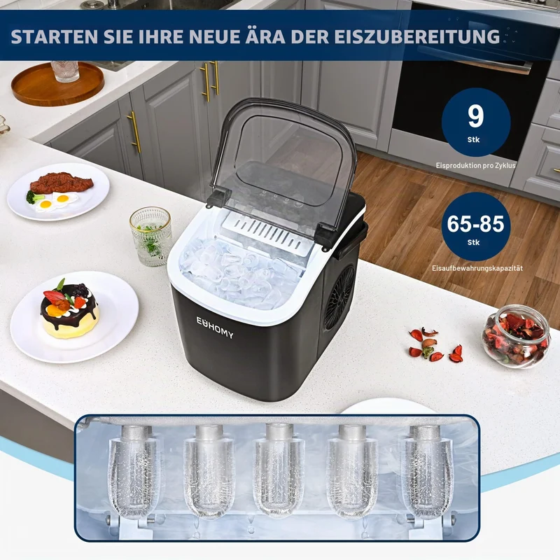 Eiswürfelmaschine Klein, 9 Eiswürfel in 6 Minuten, 12 kg/24H, Eiswürfelmaschine Edelstahl mit Tragbarem Griff, Selbstreinigender Kompakter Eiswürfelmaschinen für Zuhause/Küche/Büro/Bar