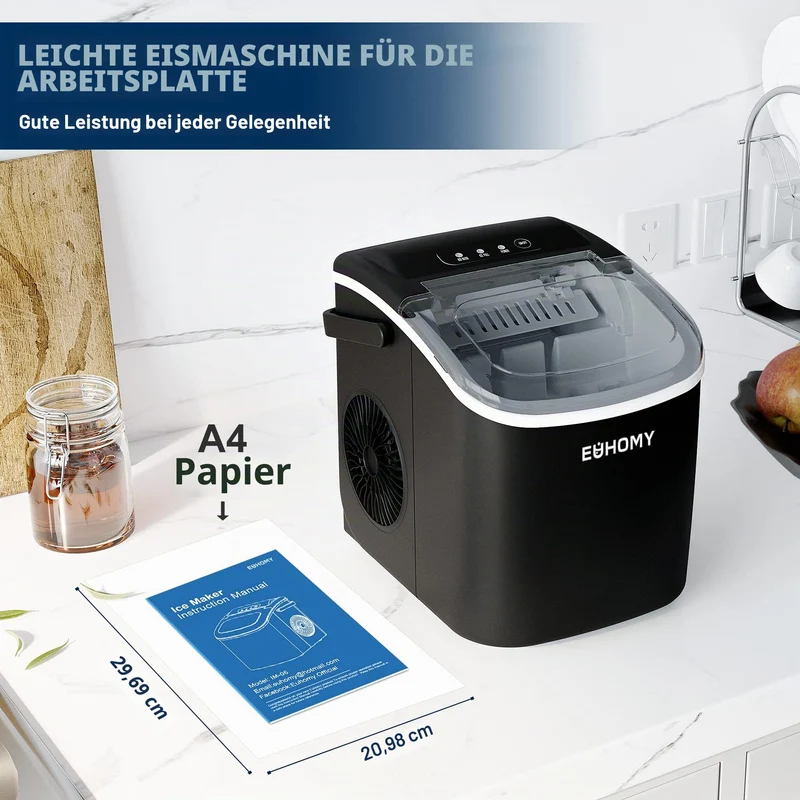 Eiswürfelmaschine Klein, 9 Eiswürfel in 6 Minuten, 12 kg/24H, Eiswürfelmaschine Edelstahl mit Tragbarem Griff, Selbstreinigender Kompakter Eiswürfelmaschinen für Zuhause/Küche/Büro/Bar