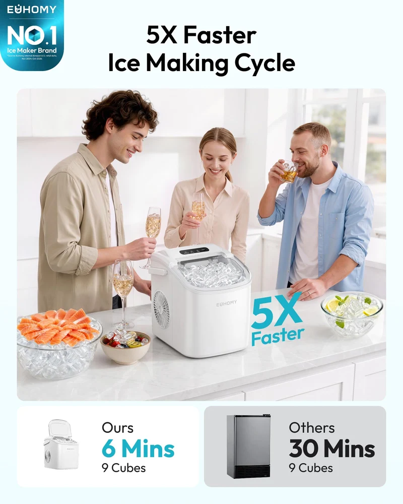 Eiswürfelmaschine Klein, 9 Eiswürfel in 6 Minuten, 12 kg/24H, Eiswürfelmaschine Edelstahl mit Tragbarem Griff, Selbstreinigender Kompakter Eiswürfelmaschinen für Zuhause/Küche/Büro/Bar