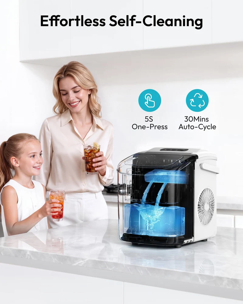 Eiswürfelmaschine Klein, 9 Eiswürfel in 6 Minuten, 12 kg/24H, Eiswürfelmaschine Edelstahl mit Tragbarem Griff, Selbstreinigender Kompakter Eiswürfelmaschinen für Zuhause/Küche/Büro/Bar