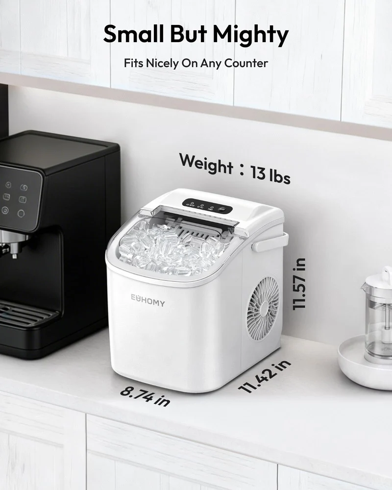 Eiswürfelmaschine Klein, 9 Eiswürfel in 6 Minuten, 12 kg/24H, Eiswürfelmaschine Edelstahl mit Tragbarem Griff, Selbstreinigender Kompakter Eiswürfelmaschinen für Zuhause/Küche/Büro/Bar