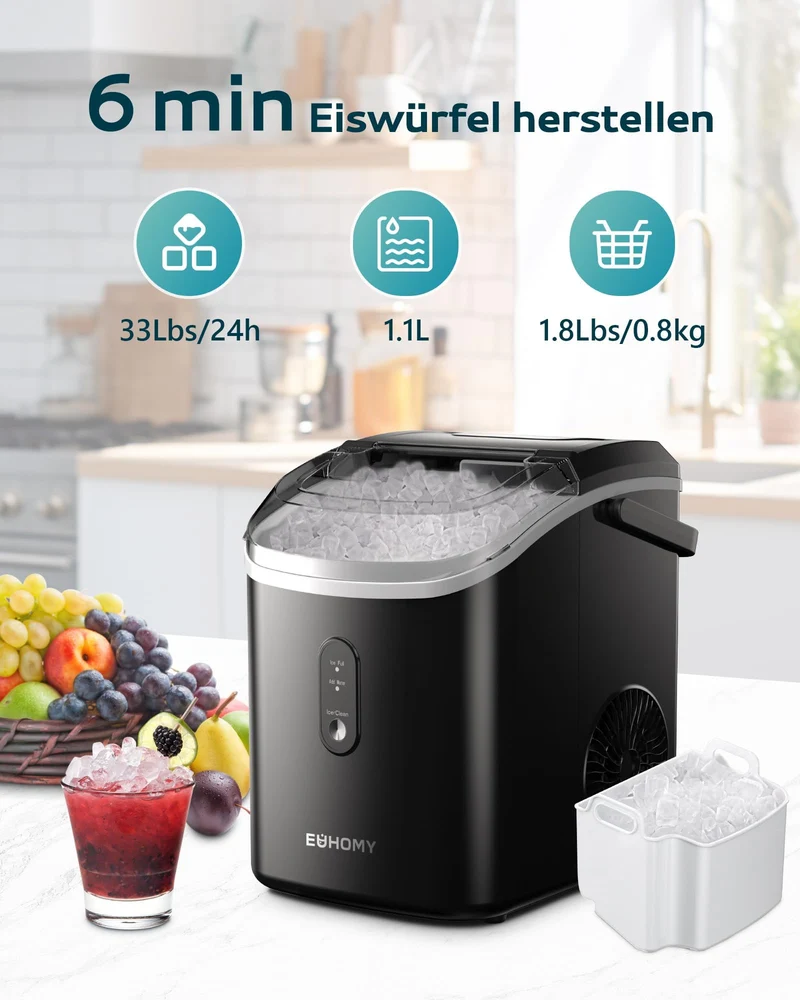 Eiswürfelmaschine Klein, 9 Eiswürfel in 6 Minuten, 12 kg/24H, Eiswürfelmaschine Edelstahl mit Tragbarem Griff, Selbstreinigender Kompakter Eiswürfelmaschinen für Zuhause/Küche/Büro/Bar