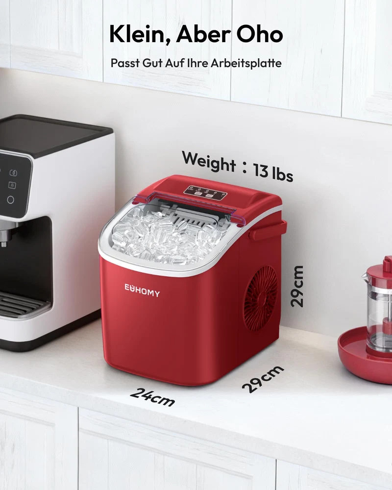 Eiswürfelmaschine Klein, 9 Eiswürfel in 6 Minuten, 12 kg/24H, Eiswürfelmaschine Edelstahl mit Tragbarem Griff, Selbstreinigender Kompakter Eiswürfelmaschinen für Zuhause/Küche/Büro/Bar
