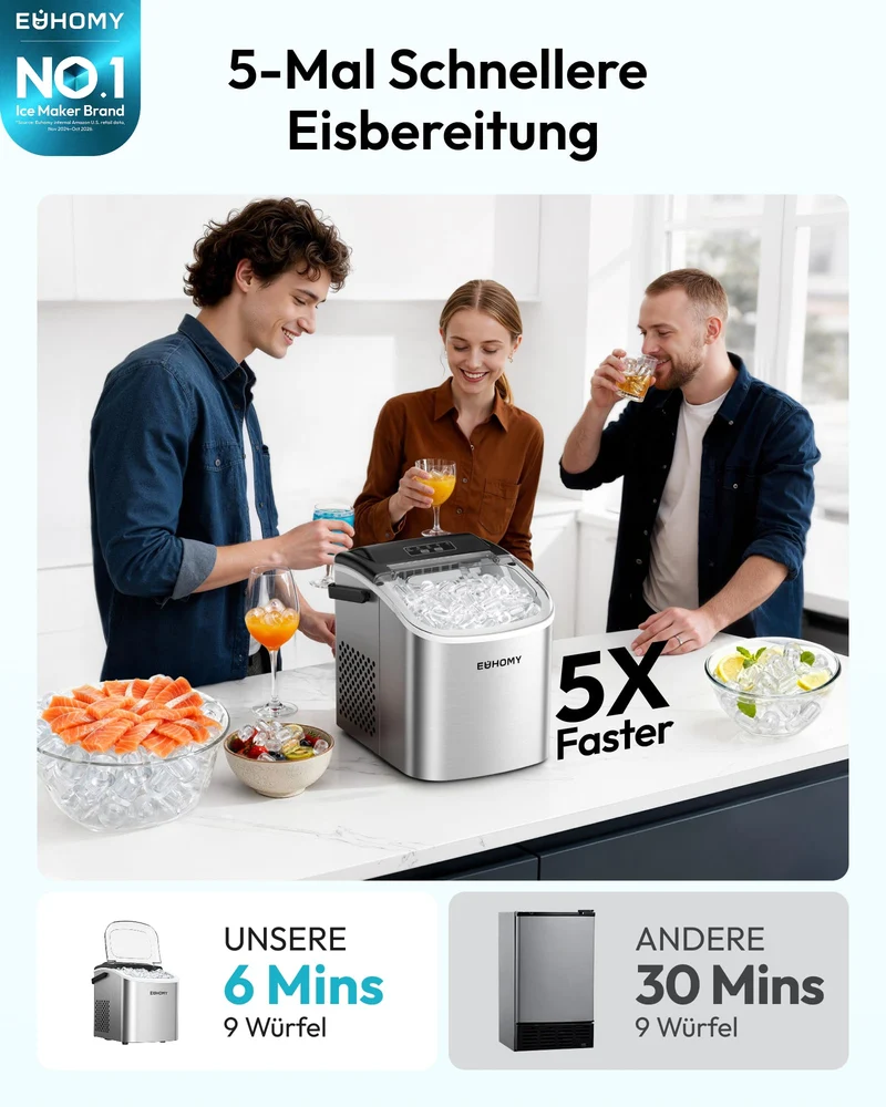 Eiswürfelmaschine Klein, 9 Eiswürfel in 6 Minuten, 12 kg/24H, Eiswürfelmaschine Edelstahl mit Tragbarem Griff, Selbstreinigender Kompakter Eiswürfelmaschinen für Zuhause/Küche/Büro/Bar