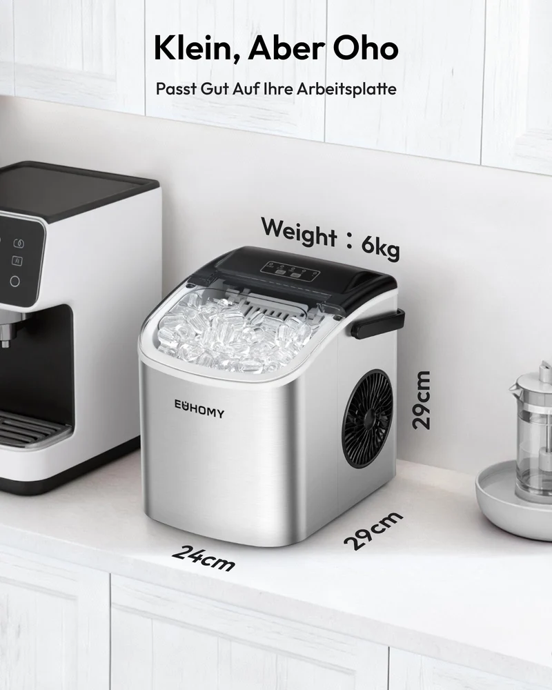 Eiswürfelmaschine Klein, 9 Eiswürfel in 6 Minuten, 12 kg/24H, Eiswürfelmaschine Edelstahl mit Tragbarem Griff, Selbstreinigender Kompakter Eiswürfelmaschinen für Zuhause/Küche/Büro/Bar