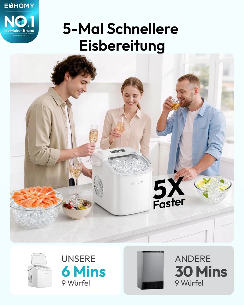 Eiswürfelmaschine Klein, 9 Eiswürfel in 6 Minuten, 12 kg/24H, Eiswürfelmaschine Edelstahl mit Tragbarem Griff, Selbstreinigender Kompakter Eiswürfelmaschinen für Zuhause/Küche/Büro/Bar