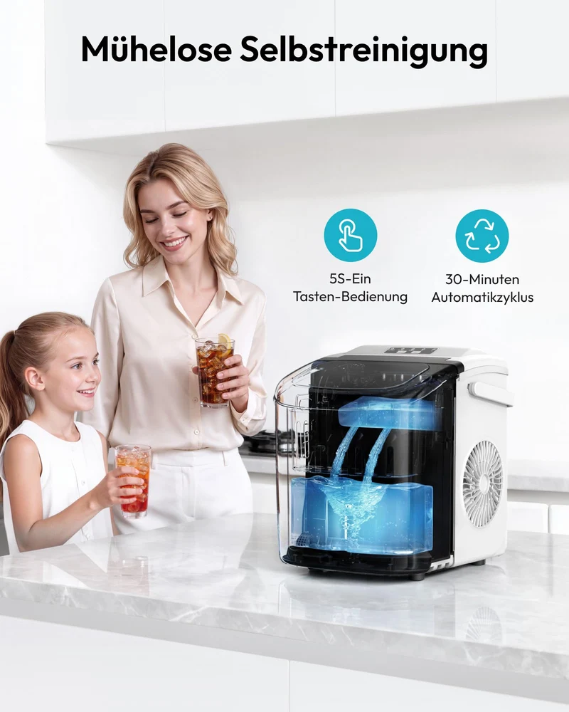Eiswürfelmaschine Klein, 9 Eiswürfel in 6 Minuten, 12 kg/24H, Eiswürfelmaschine Edelstahl mit Tragbarem Griff, Selbstreinigender Kompakter Eiswürfelmaschinen für Zuhause/Küche/Büro/Bar