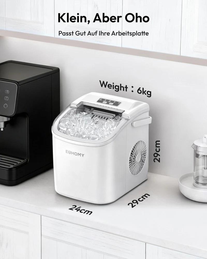 Eiswürfelmaschine Klein, 9 Eiswürfel in 6 Minuten, 12 kg/24H, Eiswürfelmaschine Edelstahl mit Tragbarem Griff, Selbstreinigender Kompakter Eiswürfelmaschinen für Zuhause/Küche/Büro/Bar