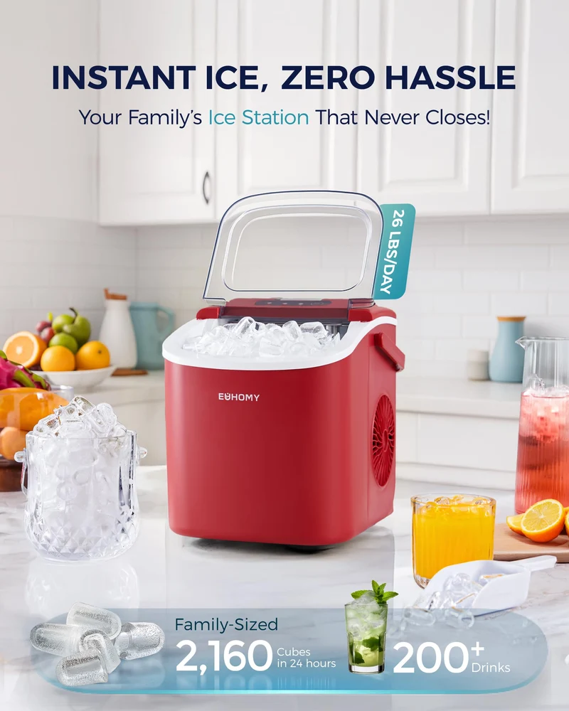 Eiswürfelmaschine Klein, 9 Eiswürfel in 6 Minuten, 12 kg/24H, Eiswürfelmaschine Edelstahl mit Tragbarem Griff, Selbstreinigender Kompakter Eiswürfelmaschinen für Zuhause/Küche/Büro/Bar