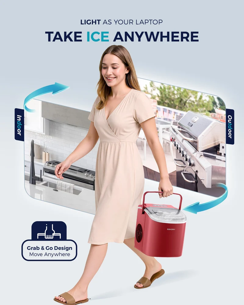 Eiswürfelmaschine Klein, 9 Eiswürfel in 6 Minuten, 12 kg/24H, Eiswürfelmaschine Edelstahl mit Tragbarem Griff, Selbstreinigender Kompakter Eiswürfelmaschinen für Zuhause/Küche/Büro/Bar