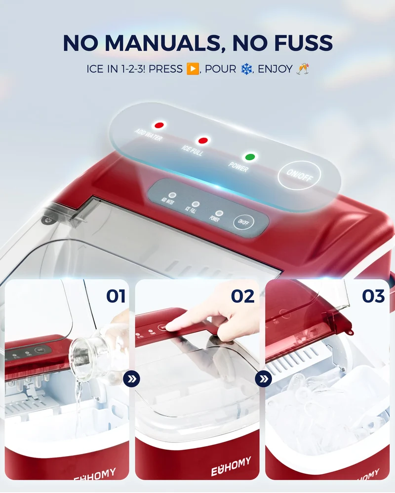 Eiswürfelmaschine Klein, 9 Eiswürfel in 6 Minuten, 12 kg/24H, Eiswürfelmaschine Edelstahl mit Tragbarem Griff, Selbstreinigender Kompakter Eiswürfelmaschinen für Zuhause/Küche/Büro/Bar