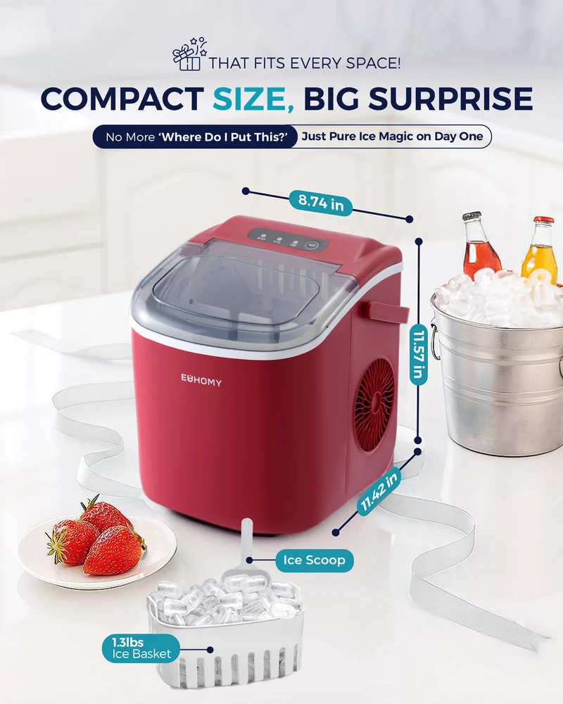 Eiswürfelmaschine Klein, 9 Eiswürfel in 6 Minuten, 12 kg/24H, Eiswürfelmaschine Edelstahl mit Tragbarem Griff, Selbstreinigender Kompakter Eiswürfelmaschinen für Zuhause/Küche/Büro/Bar