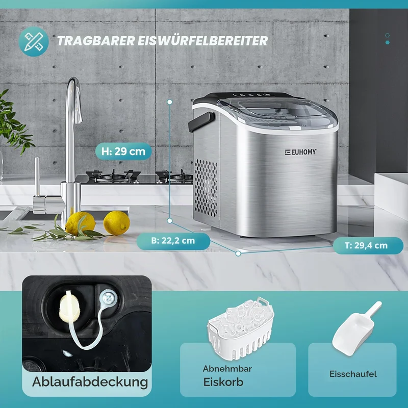 Eiswürfelmaschine Klein, 9 Eiswürfel in 6 Minuten, 12 kg/24H, Eiswürfelmaschine Edelstahl mit Tragbarem Griff, Selbstreinigender Kompakter Eiswürfelmaschinen für Zuhause/Küche/Büro/Bar
