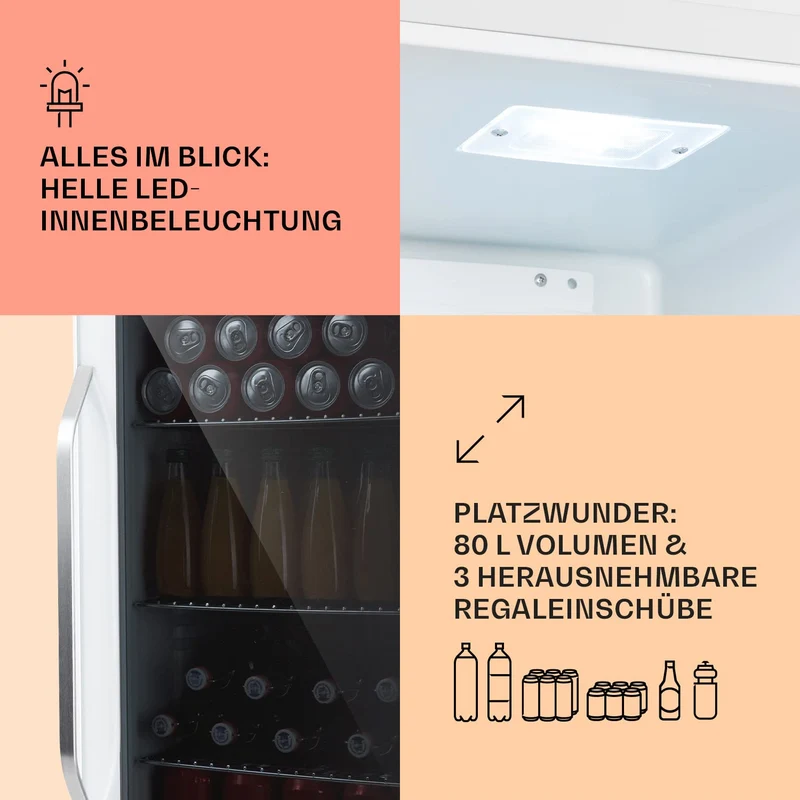 Beersafe Getränkekühlschrank 60 L – Mini Kühlschrank mit Glastür, Kupfer | LED-Beleuchtung, herausnehmbare Metallablagen, leise, Flaschenkühlschrank für Getränke & Dosen