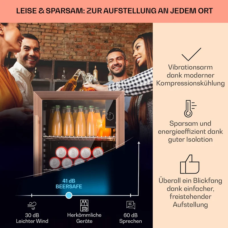 Beersafe Getränkekühlschrank 60 L – Mini Kühlschrank mit Glastür, Kupfer | LED-Beleuchtung, herausnehmbare Metallablagen, leise, Flaschenkühlschrank für Getränke & Dosen