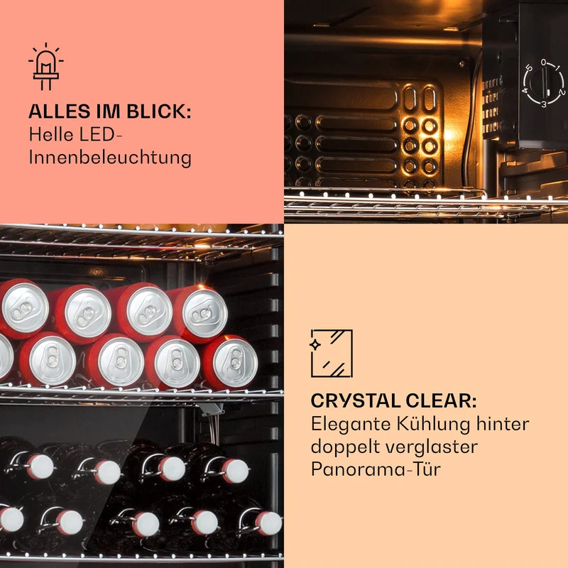 Beersafe Getränkekühlschrank 60 L – Mini Kühlschrank mit Glastür, Kupfer | LED-Beleuchtung, herausnehmbare Metallablagen, leise, Flaschenkühlschrank für Getränke & Dosen