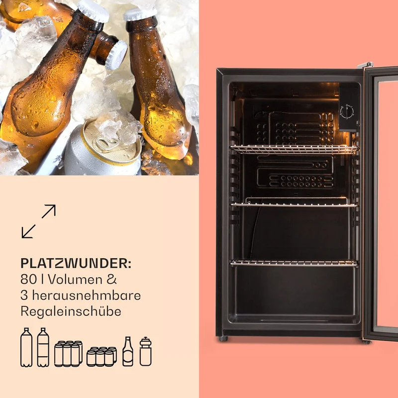 Beersafe Getränkekühlschrank 60 L – Mini Kühlschrank mit Glastür, Kupfer | LED-Beleuchtung, herausnehmbare Metallablagen, leise, Flaschenkühlschrank für Getränke & Dosen