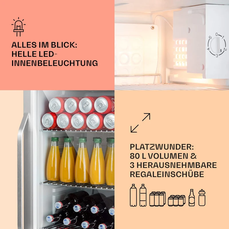 Beersafe Getränkekühlschrank 60 L – Mini Kühlschrank mit Glastür, Kupfer | LED-Beleuchtung, herausnehmbare Metallablagen, leise, Flaschenkühlschrank für Getränke & Dosen