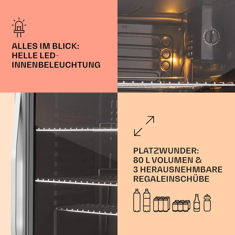 Beersafe Getränkekühlschrank 60 L – Mini Kühlschrank mit Glastür, Kupfer | LED-Beleuchtung, herausnehmbare Metallablagen, leise, Flaschenkühlschrank für Getränke & Dosen