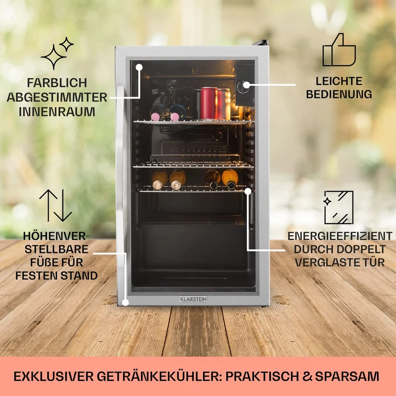 Beersafe Getränkekühlschrank 60 L – Mini Kühlschrank mit Glastür, Kupfer | LED-Beleuchtung, herausnehmbare Metallablagen, leise, Flaschenkühlschrank für Getränke & Dosen