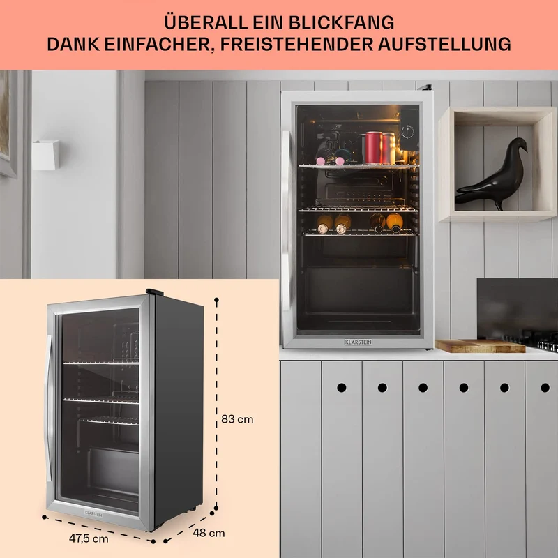 Beersafe Getränkekühlschrank 60 L – Mini Kühlschrank mit Glastür, Kupfer | LED-Beleuchtung, herausnehmbare Metallablagen, leise, Flaschenkühlschrank für Getränke & Dosen