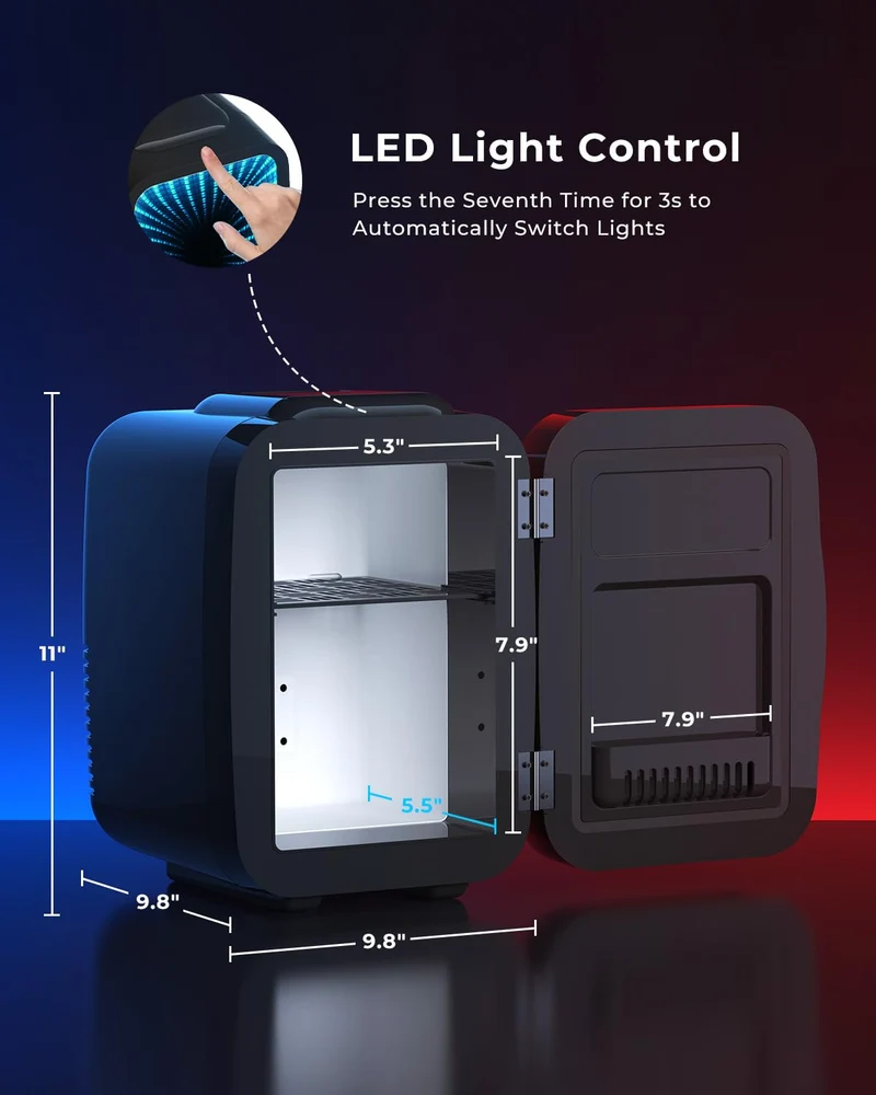 Mini Kühlschrank, 4L / 6 Dosen Leise Minikühlschrank, 7 RGB Lichtmodi, 2in1 Kühl- und Warmhaltefunktion für Getränke & Skincare, AC 220V / DC 12V, Mini Fridge für Gaming, Büro, Auto (Schwarz)