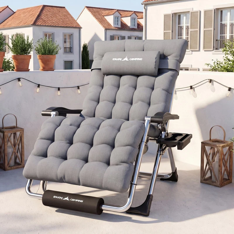 Sonnenliege Liegestuhl Klappbar Mit Getränkehalter Gartenstuhl Mit Auflage Polster, Liegestuhl, Extra groß Gartenliege, Verstellbar Rückenlehne Garten Liege