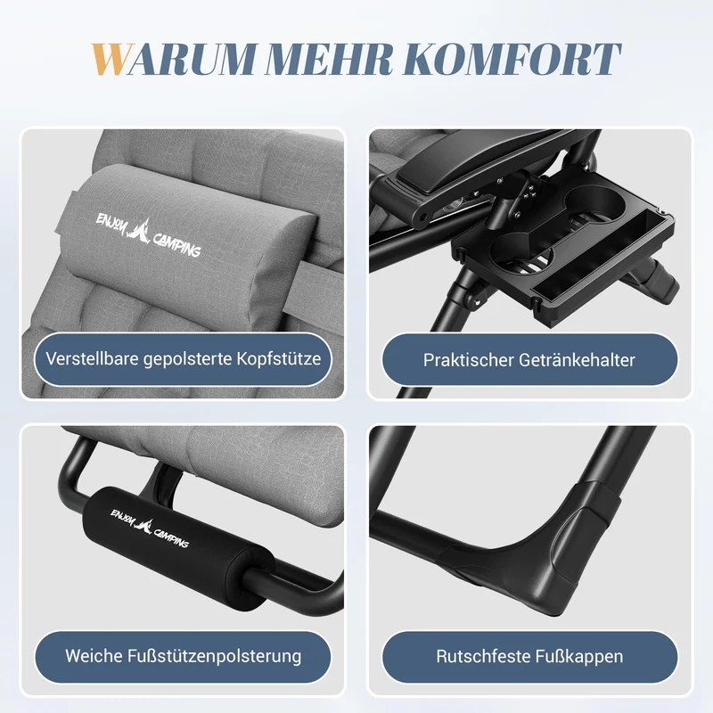 Sonnenliege Liegestuhl Klappbar Mit Getränkehalter Gartenstuhl Mit Auflage Polster, Liegestuhl, Extra groß Gartenliege, Verstellbar Rückenlehne Garten Liege