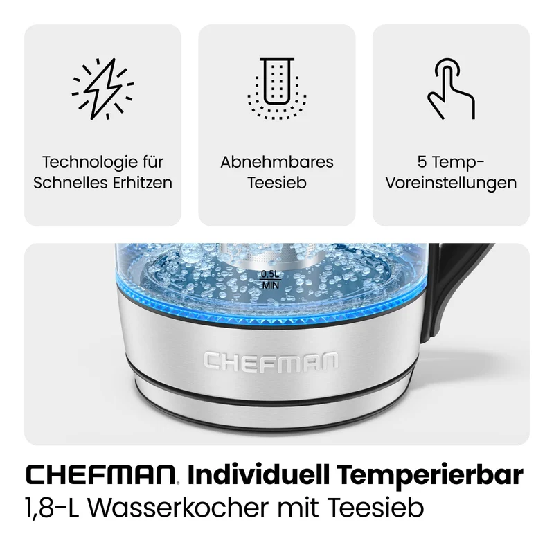 Elektrischer Wasserkocher Glas mit Teesieb, 1.8 Liter, LED-Anzeige / BPA-Frei, 2200 Watt, Edelstahl