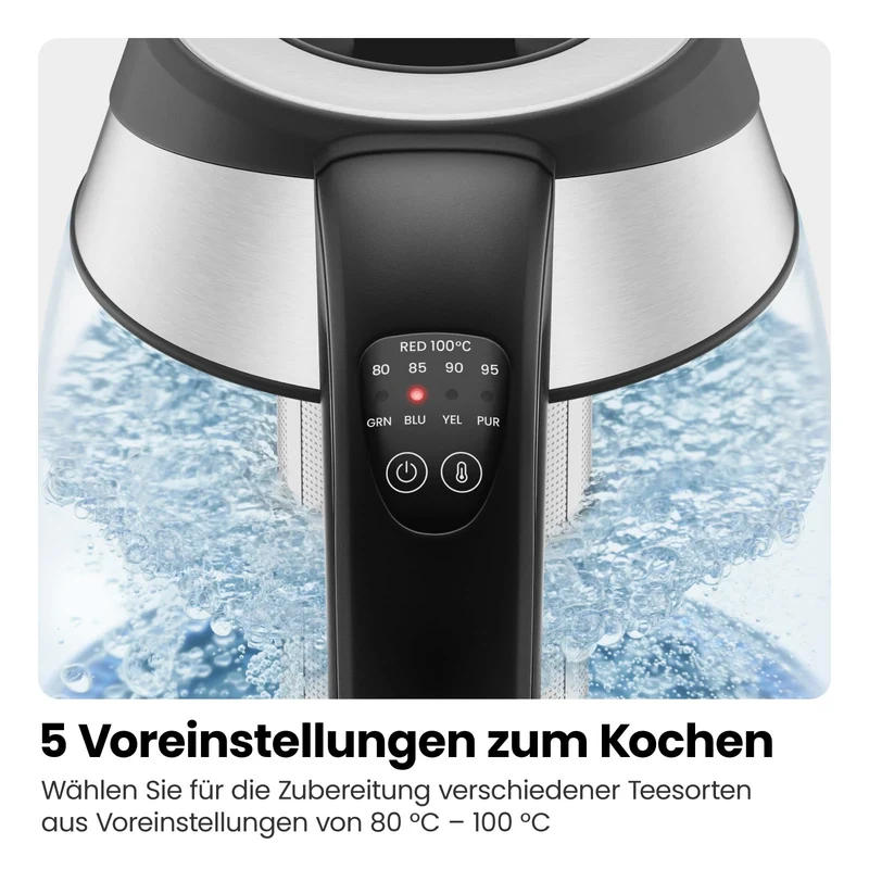 Elektrischer Wasserkocher Glas mit Teesieb, 1.8 Liter, LED-Anzeige / BPA-Frei, 2200 Watt, Edelstahl