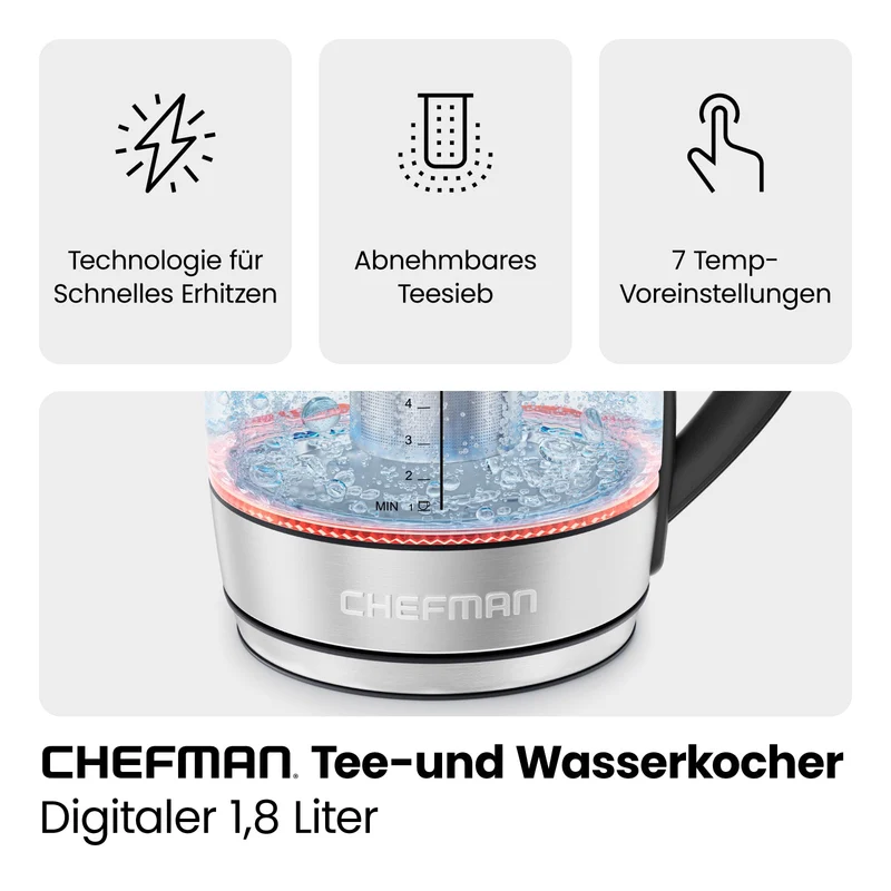 Elektrischer Wasserkocher Glas mit Teesieb, 1.8 Liter, LED-Anzeige / BPA-Frei, 2200 Watt, Edelstahl
