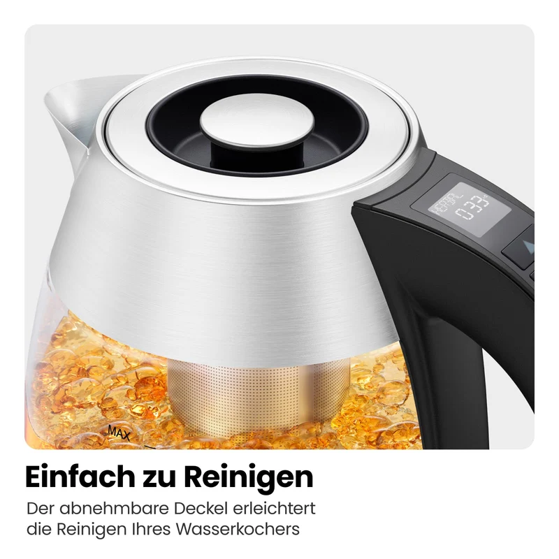 Elektrischer Wasserkocher Glas mit Teesieb, 1.8 Liter, LED-Anzeige / BPA-Frei, 2200 Watt, Edelstahl