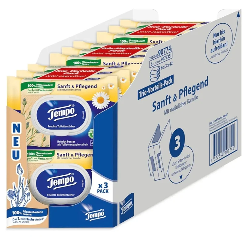 18 x Tempo Toilettenpapier feucht Tempo Sanft Pflegend Trio-Pack / 18 Packungen x je 42 Blatt / Grosspackung 1 kg