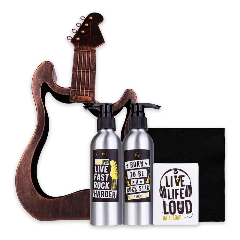 Geschenkset in Metallgitarre, inklusive Duschgel, Body Lotion, Seife und kleinem Handtuch - Ungewöhnliches Geschenkset für besondere Anlässe wie Muttertag, Vatertag, Geburtstag oder Ostern / NEU & OVP!