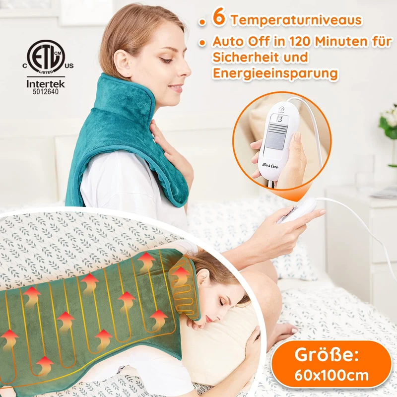Heizkissen für Rücken, Schulter, Hals, 60 x 100 cm, Wärmekissen mit automatischer Abschaltung, Schnellerwärmung, mit Taillette, Rückenwärmer, elektrische Decke, 6 Wärmeeinstellungen, Auto-Off-Timer, Flanell