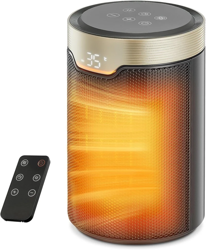 Heizlüfter Energiesparend, 24 Std Timer 32 dB Leiser 1500W PTC Keramik Elektrischer Heizlüfter mit Thermostat, Überhitzungs- & Kippschutz, Elektroheizung für Räume Schlafzimmer, ECO-Modus, Gold