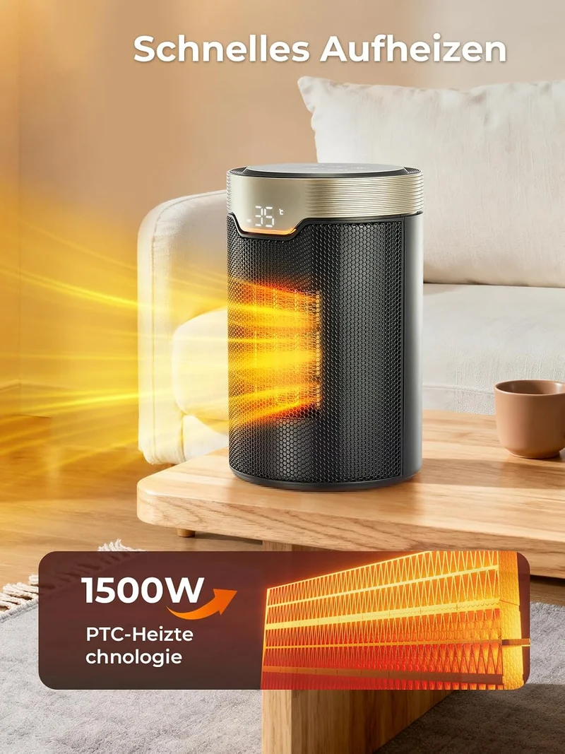 Heizlüfter Energiesparend, 24 Std Timer 32 dB Leiser 1500W PTC Keramik Elektrischer Heizlüfter mit Thermostat, Überhitzungs- & Kippschutz, Elektroheizung für Räume Schlafzimmer, ECO-Modus, Gold