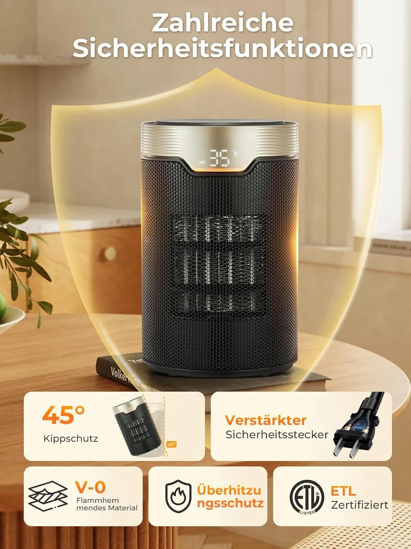 Heizlüfter Energiesparend, 24 Std Timer 32 dB Leiser 1500W PTC Keramik Elektrischer Heizlüfter mit Thermostat, Überhitzungs- & Kippschutz, Elektroheizung für Räume Schlafzimmer, ECO-Modus, Gold