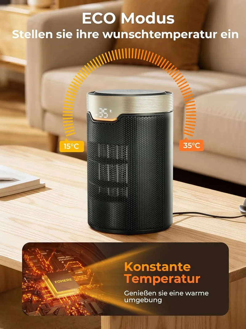 Heizlüfter Energiesparend, 24 Std Timer 32 dB Leiser 1500W PTC Keramik Elektrischer Heizlüfter mit Thermostat, Überhitzungs- & Kippschutz, Elektroheizung für Räume Schlafzimmer, ECO-Modus, Gold