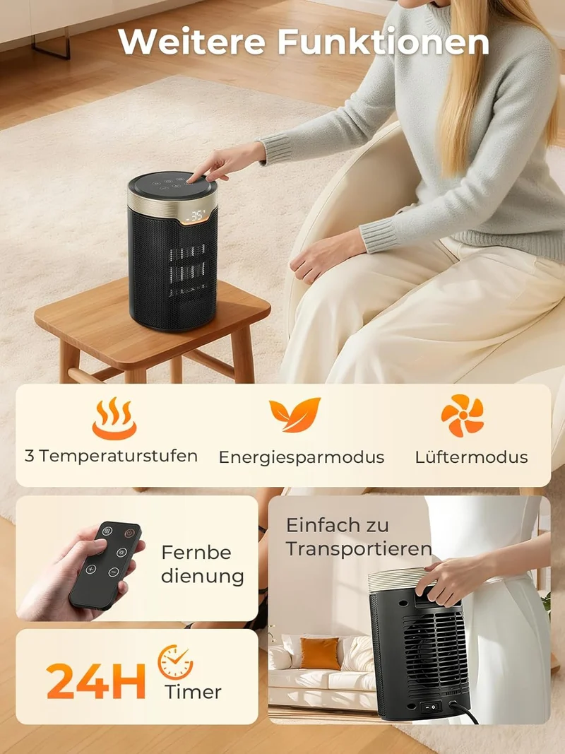 Heizlüfter Energiesparend, 24 Std Timer 32 dB Leiser 1500W PTC Keramik Elektrischer Heizlüfter mit Thermostat, Überhitzungs- & Kippschutz, Elektroheizung für Räume Schlafzimmer, ECO-Modus, Gold