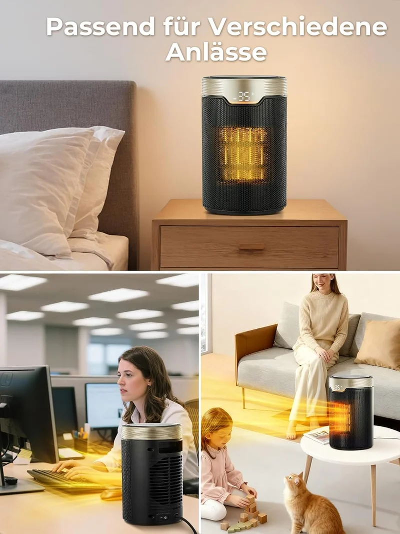 Heizlüfter Energiesparend, 24 Std Timer 32 dB Leiser 1500W PTC Keramik Elektrischer Heizlüfter mit Thermostat, Überhitzungs- & Kippschutz, Elektroheizung für Räume Schlafzimmer, ECO-Modus, Gold