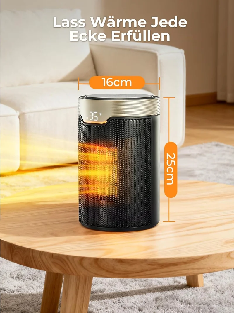 Heizlüfter Energiesparend, 24 Std Timer 32 dB Leiser 1500W PTC Keramik Elektrischer Heizlüfter mit Thermostat, Überhitzungs- & Kippschutz, Elektroheizung für Räume Schlafzimmer, ECO-Modus, Gold