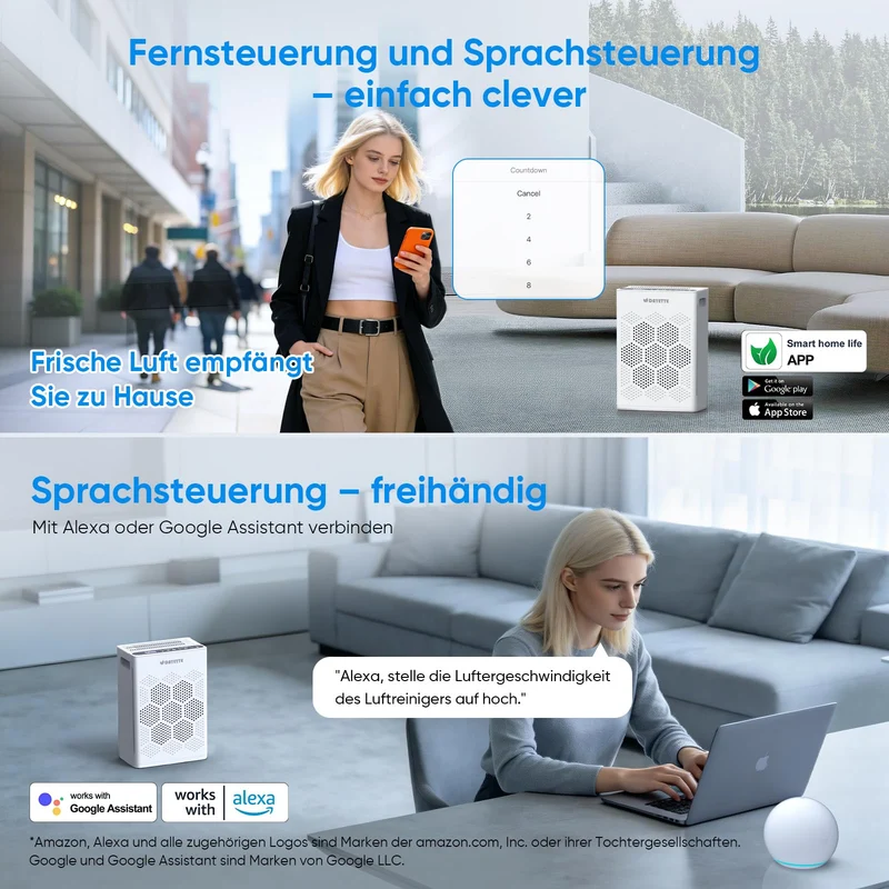Luftreiniger Allergiker für Wohnung, HEPA H14 Filter mit waschbarem Vorfilter gegen Zigarettenrauch, Schimmel und Gerüche, CADR 300m³/h, App- und Alexa-Steuerung