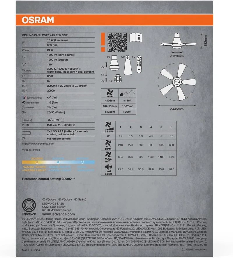 Osram LED-Deckenventilator Weiß, leise, Fernbedienung | Ceiling fan Sudestada, Ceiling Fans with Lighting, Weiß, 450 mm dia, 50000 h, 1-Pack