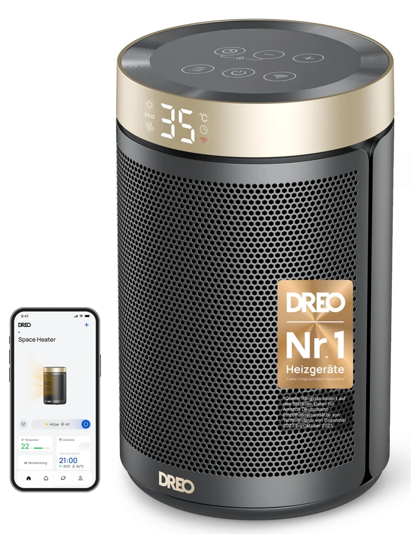 Energiesparender Heizlüfter, 34 dB Leiser 1500W Elektrischer PTC Keramik, Thermostat, Überhitzungs- & Kippschutz, 12 Std. Timer, Elektroheizung für Räume Schlafzimmer, Heater 316, Gold