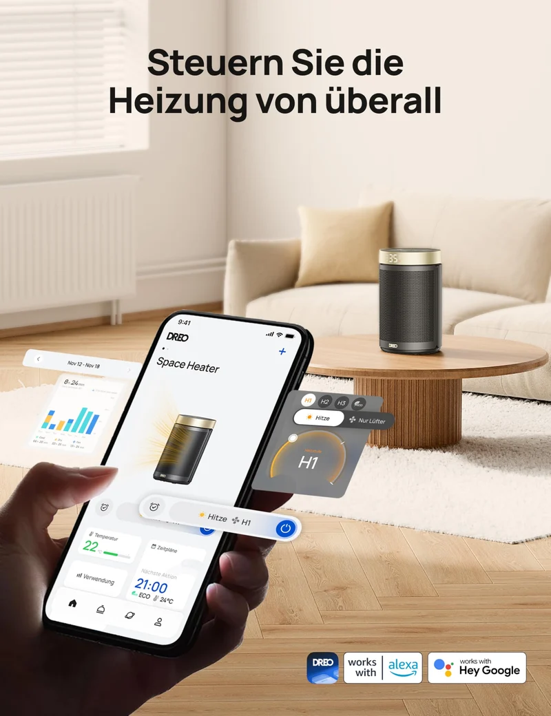 Energiesparender Heizlüfter, 34 dB Leiser 1500W Elektrischer PTC Keramik, Thermostat, Überhitzungs- & Kippschutz, 12 Std. Timer, Elektroheizung für Räume Schlafzimmer, Heater 316, Gold
