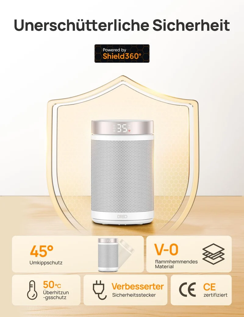 Energiesparender Heizlüfter, 34 dB Leiser 1500W Elektrischer PTC Keramik, Thermostat, Überhitzungs- & Kippschutz, 12 Std. Timer, Elektroheizung für Räume Schlafzimmer, Heater 316, Gold