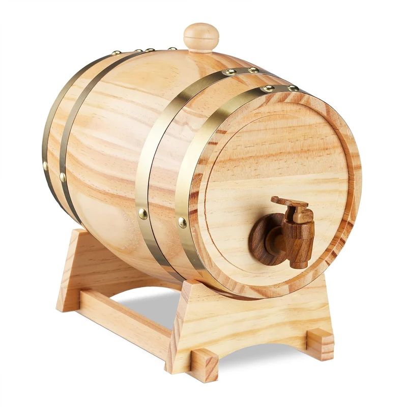 Schnapsfass, 2.2 l, Holz, Whiskyfass mit Bock & Zapfhahn, für Whisky, Wein, Spirituosen, Deko Holzfass, Natur
