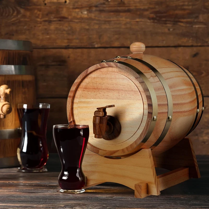 Schnapsfass, 2.2 l, Holz, Whiskyfass mit Bock & Zapfhahn, für Whisky, Wein, Spirituosen, Deko Holzfass, Natur