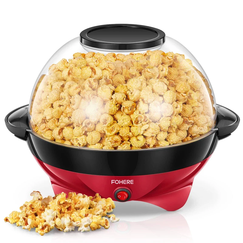 Popcornmaschine,5.5L Popcorn Maker für Zuhause,Popcorn Machine mit Zucker, Butter, Antihaftbeschichtung und Abnehmbares Heizfläche, Stille und Schnelle, Großer Deckel als Servierschale (RED)